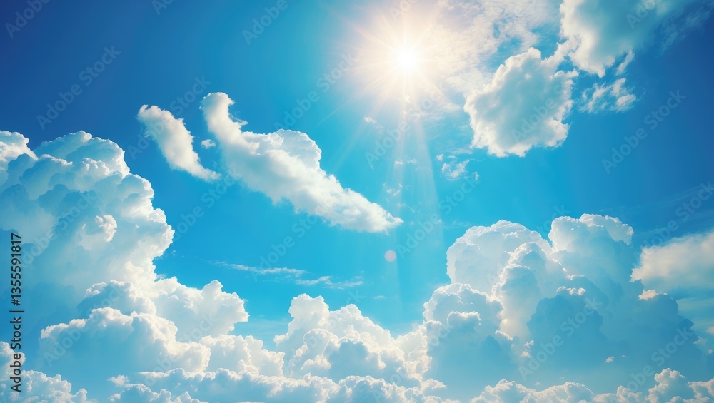 Poster clear blue sky on a sunny day with soft white clouds, serving as an ideal peaceful background for we