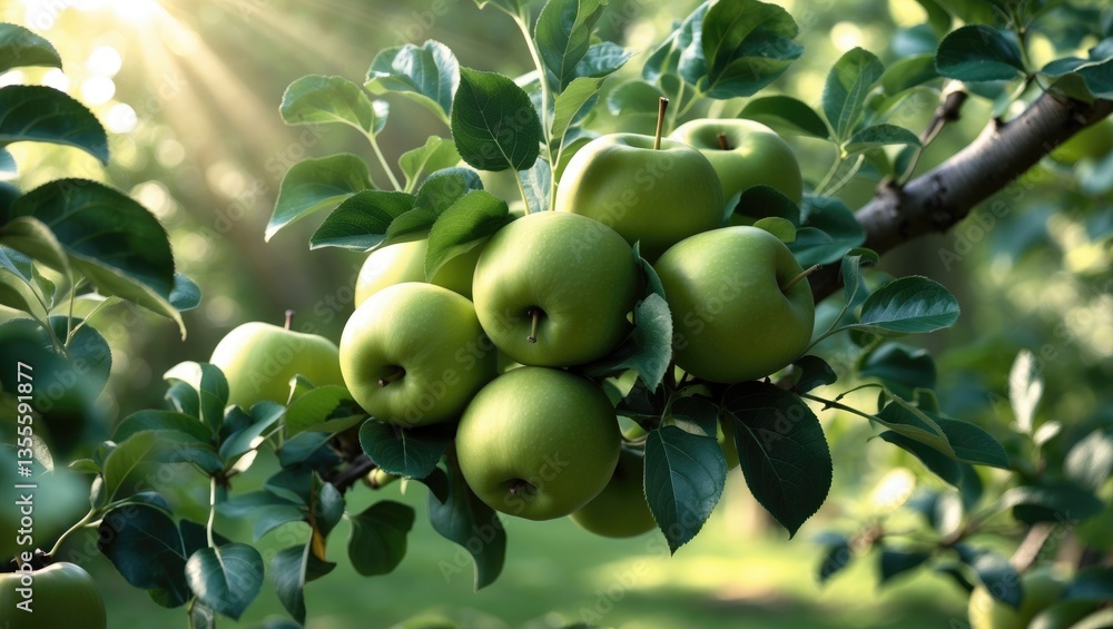 Poster green apples on the branch of the tree, captured up close against the garden backdrop. selective foc