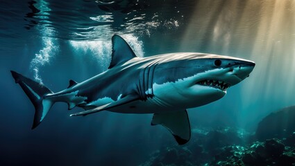 Fototapeta premium Great white shark gliding through the ocean.