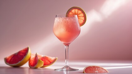 Glass featuring sparkling rose wine and grapefruit on a pink background - Cocktail