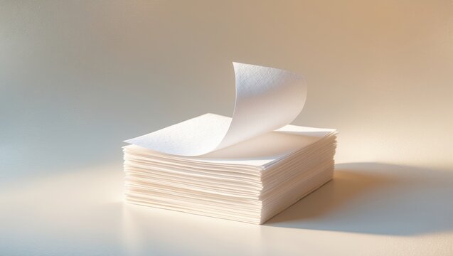 Close-up of a stack of papers with a curl on a white background.