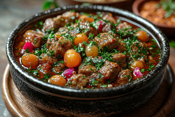 A Moroccan tagine with apricots, almonds, and tender lamb. Concept of slow-cooked meals and spice-infused cuisine.