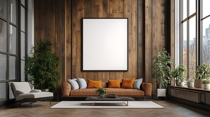 A white blank poster mockup in an office with wood paneling and a light-colored herringbone floor, 