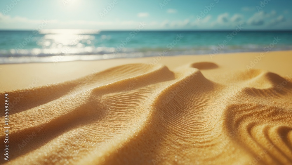 Poster bumpy tropical sandy shore with a hazy ocean and sky.