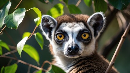 Obraz premium Close-up of a lemur with striking yellow eyes hidden among vibrant green foliage in its natural habitat.