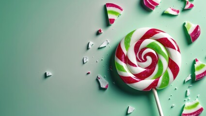 Broken lollipop pieces on a stick. Crushed candy on the surface, viewed from above with space for text.