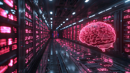 AI data center concept. Brain-shaped neon graphic symbolizes artificial intelligence. Suggests advanced tech for data processing in futuristic environment.