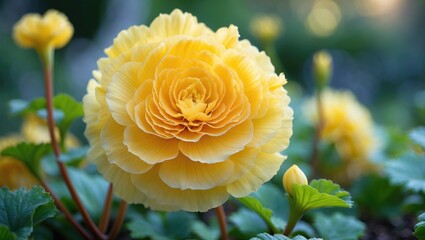 Close-up of a striking yellow begonia flower with detailed petals, surrounded by green leaves, highlighting the beauty of blossoms.
