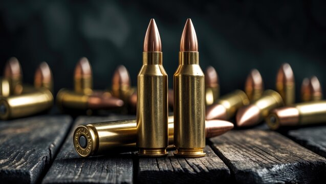 Close-up view of rifle cartridges. Ammunition for firearms on a wooden surface. Dark backdrop.