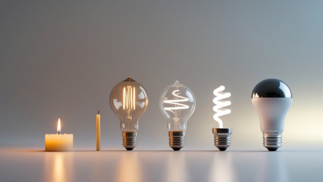 Candle, tungsten light bulb, fluorescent light bulb, and LED light bulb