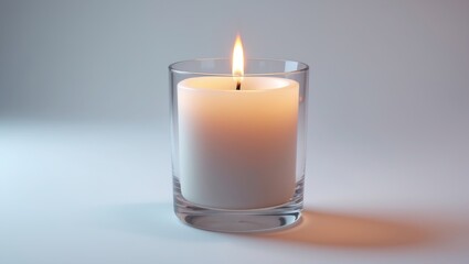 Burning candle in glass container on light background