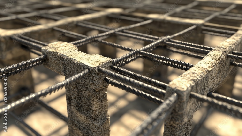 Poster hardened concrete with embedded steel reinforcement bars, emphasizing structural integrity and load-