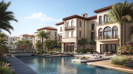 Fototapeta premium High-end real estate development featuring private docks and waterfront properties.