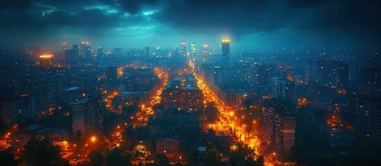Fototapeta premium Night Cityscape Aerial View, Dramatic Sky