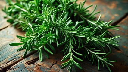 Bunch of fresh green rosemary herbs on rustic wooden tabletop background