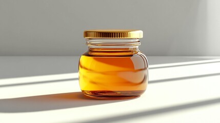 Small glass jar filled with amber honey, gold lid, sunlit background.