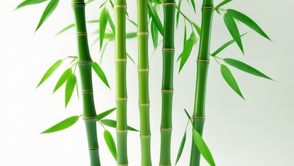 Obraz premium Green bamboo with leaves set against a white background, featuring a clipping path and full depth of field.