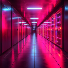 A futuristic server room bathed in vibrant pink and blue neon lighting. Ideal for science fiction artwork data storage or technology-related projects.