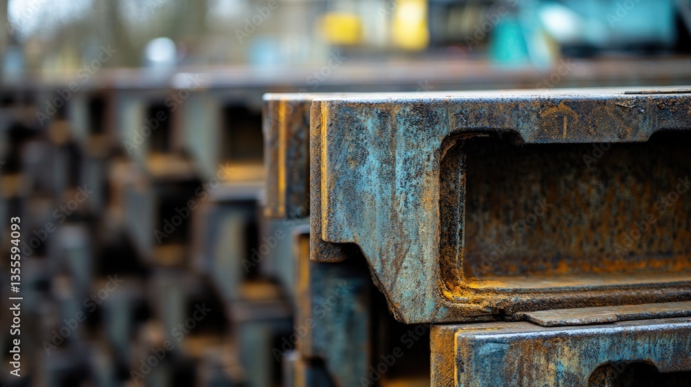 Poster high-resolution shot of steel i-beams neatly stacked in a storage yard, representing the backbone of