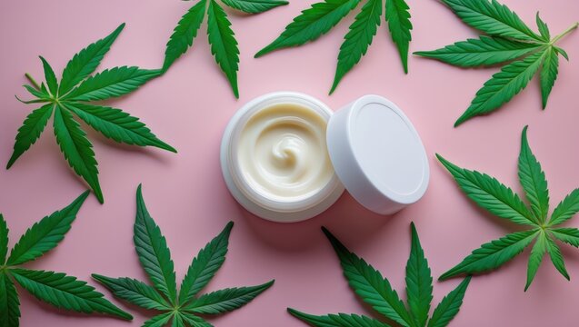 cannabis lotion topical with lid and leaf placed on a pink backdrop