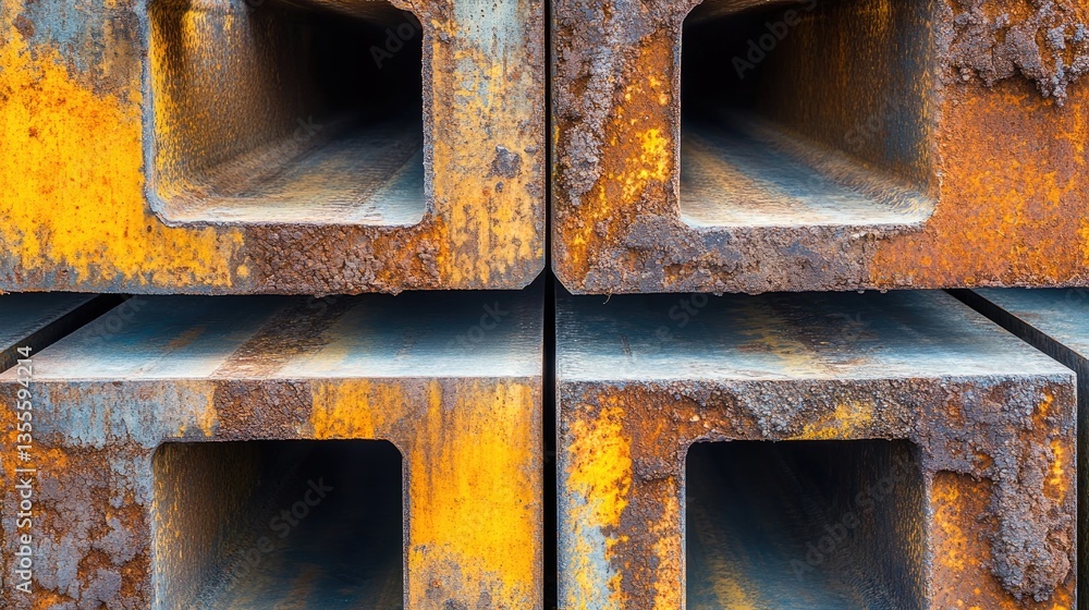 Poster high-resolution shot of steel i-beams neatly stacked in a storage yard, representing the backbone of