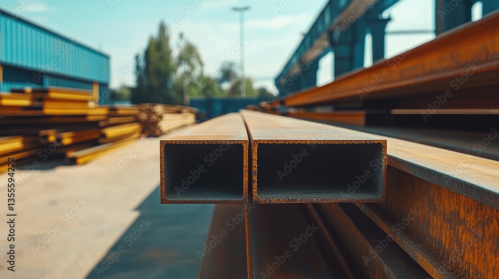 Aufkleber high-resolution shot of steel i-beams neatly stacked in a storage yard, representing the backbone of