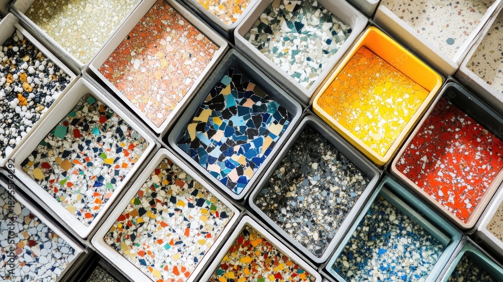 Poster high-resolution shot of terrazzo tiles in various patterns and colors, neatly displayed in a floorin