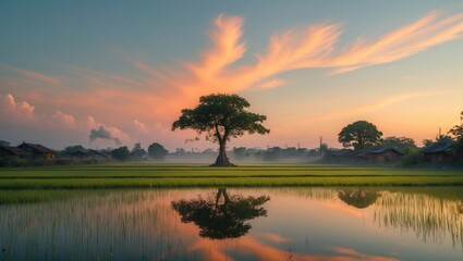 Naklejka premium Golden tranquility, a peaceful evening in the fields.