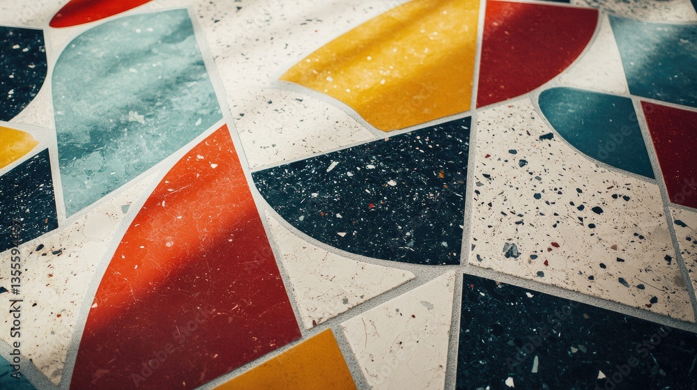 Poster high-resolution shot of terrazzo tiles in various patterns and colors, neatly displayed in a floorin