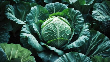 Cabbage head developing in the vegetable garden.