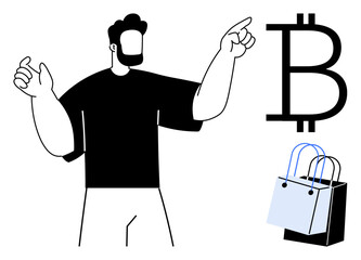 Man pointing towards Bitcoin symbol next to shopping bags. Ideal for ecommerce, cryptocurrency, digital payments, online transactions, financial technology, investment, shopping trends. Abstract line