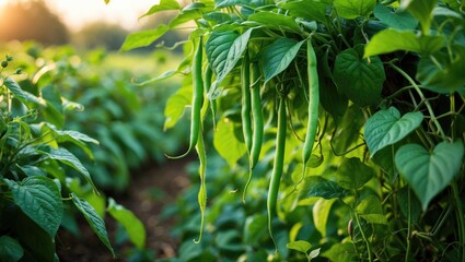 Fototapeta premium Green bean pods cultivation. String beans thrive in a farmer's field. Abundant harvest of beans in the garden.