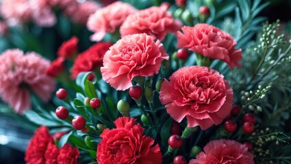 Naklejka premium Close up view of beautiful red carnations blooming at the supermarket for sale (shallow focus and blurred background effect)