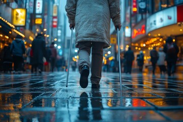 Fototapeta premium A person with crutches navigates a shiny, rain-soaked street filled with vibrant lights and a lively crowd during a busy evening in the city Generative AI