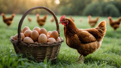 Brown eggs in a basket with a hen alongside, set against a grass background, representing fresh farm eggs.