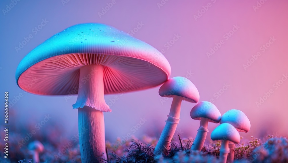 Poster close-up view of a bunch of mushrooms illuminated by soft colors. a beautiful plant presented in min