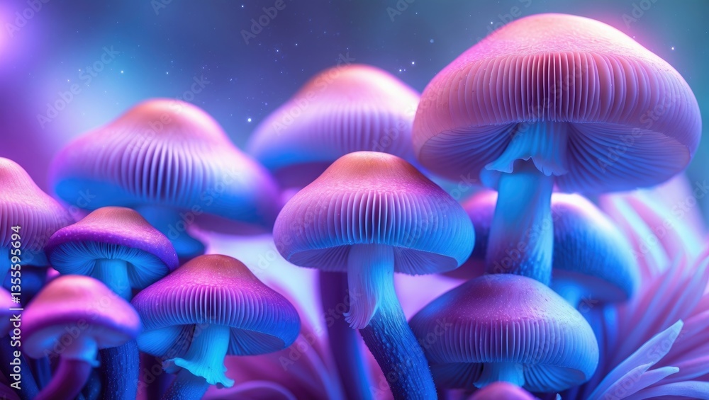Poster close-up of a beautiful cluster of mushrooms with a colorful background texture. macro photography p