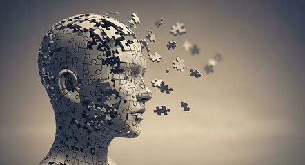 Mind's Enigma: A thought-provoking artistic depiction of a human head formed from jigsaw puzzle pieces, with some pieces seemingly floating away.
