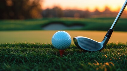 Golf ball up close on tee grass against a blurred scenic background. Concept of an international sport that emphasizes precision skills for health and relaxation.