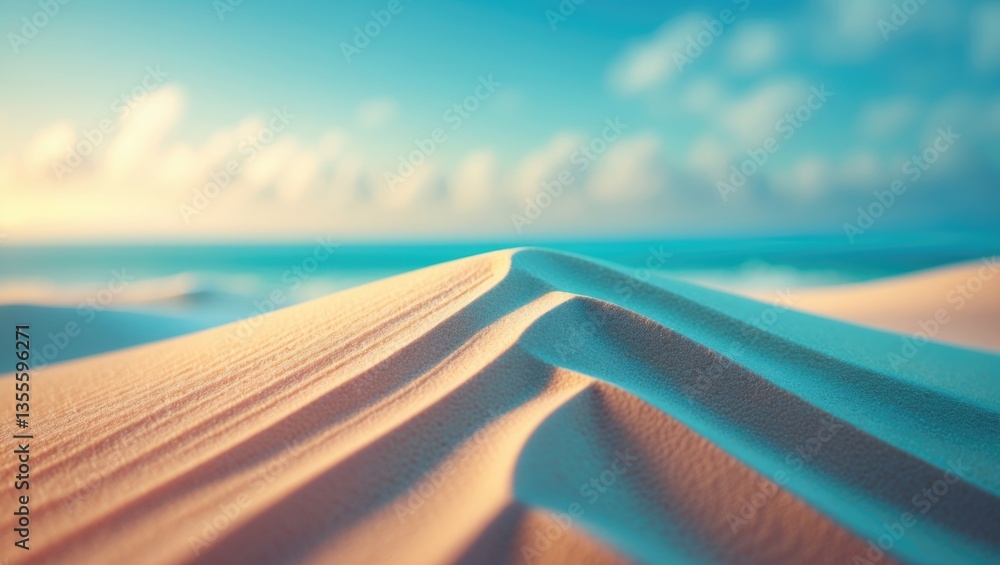 Poster close-up view of sand with a blurred background of sea and sky, blank space suitable for product dis