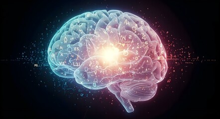 Obraz premium Mind's Insight: An illustration of human brain, representing intelligence, thoughts, and consciousness, illuminated with bright lights.