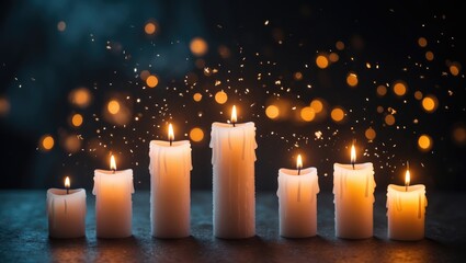 Candles Illuminating in the Evening. White candles alight in darkness with a soft glow. Emphasis on six candles in the front.