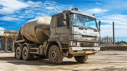 Obraz premium Industrial shot of a large cement truck parked at a batching plant, symbolizing large-scale concrete supply.