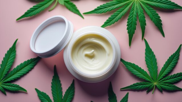 cannabis lotion topical featuring a lid and leaf set against a pink backdrop