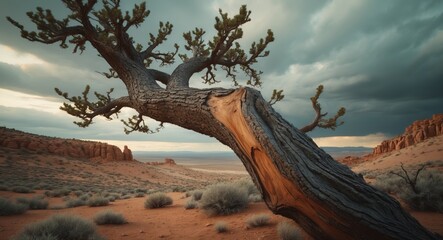 Close-up view of juniper tree bark set against a vast landscape.