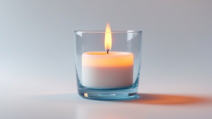Burning candle within a glass holder against a white backdrop