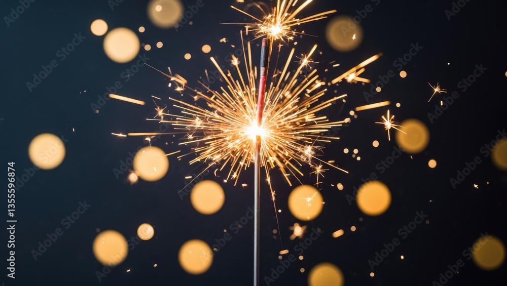 Poster burning sparklers creating beautiful sparks against a dark background with gold festive bokeh in a c