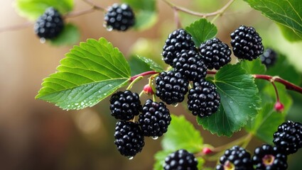 Blackberries on a bush in close-up.
