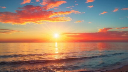 Obraz premium Beautiful red and orange sunrise above the ocean. Stunning seascape view, remarkable light of nature backdrop.