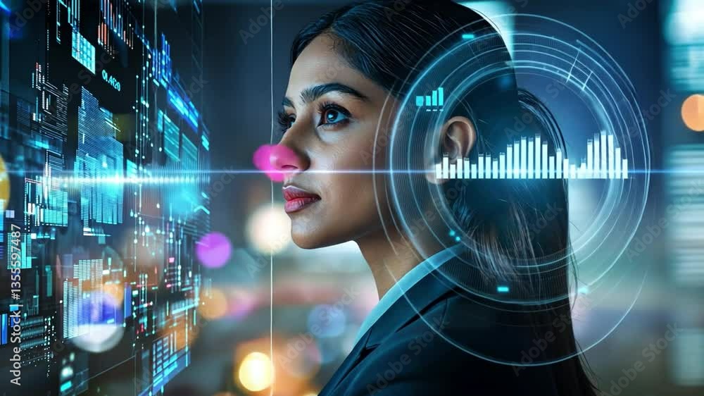 Poster future tech vision: a tech-savvy woman gazes ahead with determination, surrounded by a digital inter